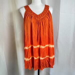 Sakkas Womens One Size Orange Tie Dye Tunic Tank Top Boho Green Embroidered EUC